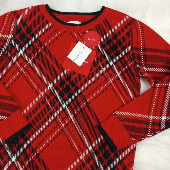 NWT CHARTER CLUB Fall Christmas Sweater Girls Size 5 Plaid Pullover Crew Neck - Picture 2 of 10